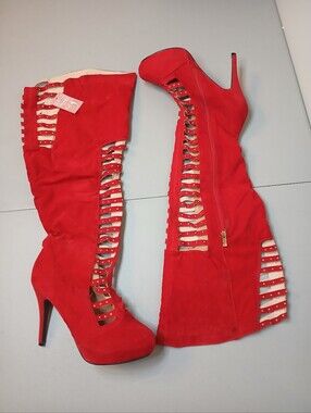 Red Suede Feel Wide Calf Over The Knee High Heel Stiletto Boots 10W New!
